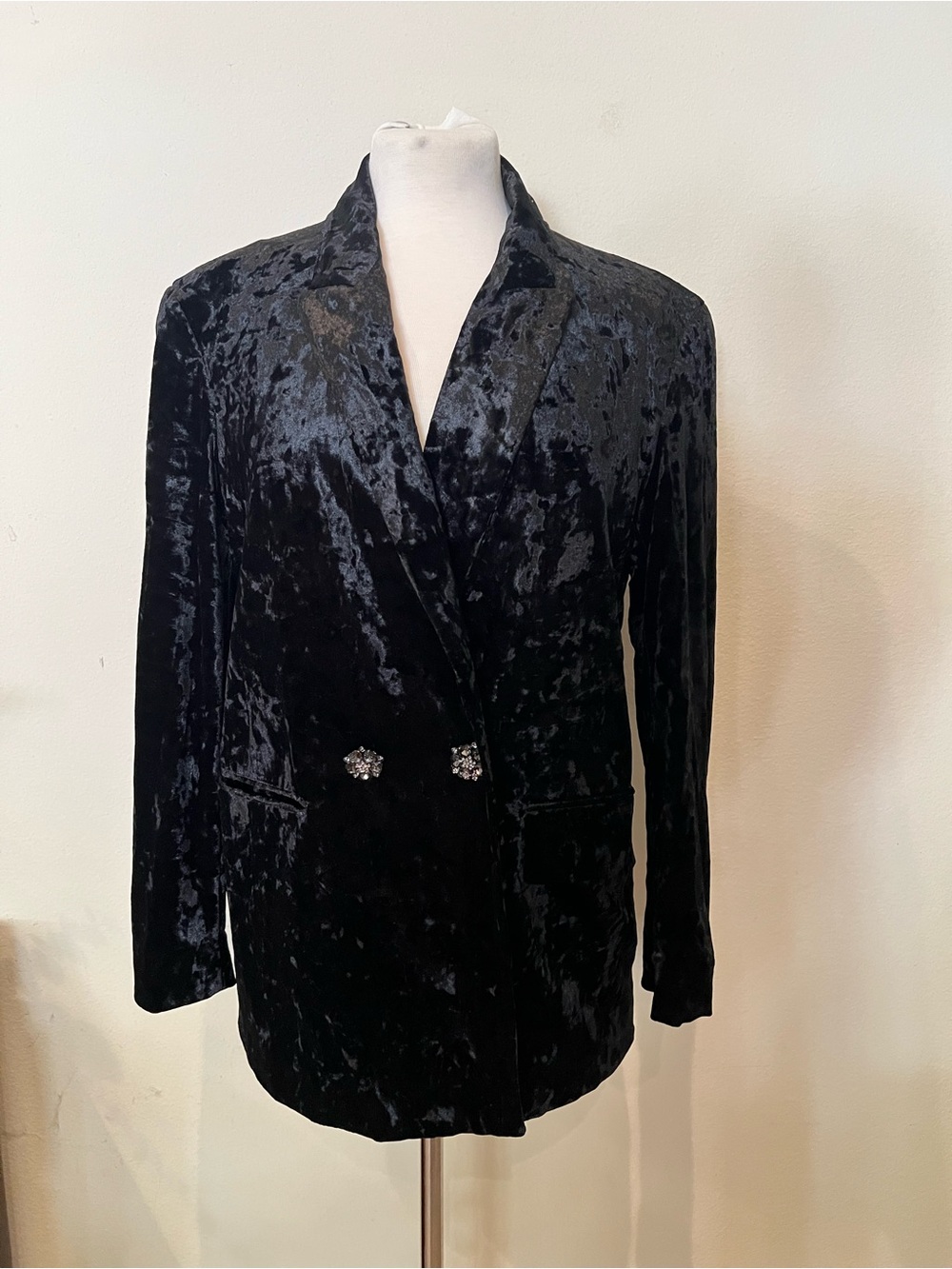 Zara Black Crushed Velvet Double-Breasted Blazer with Jeweled Buttons